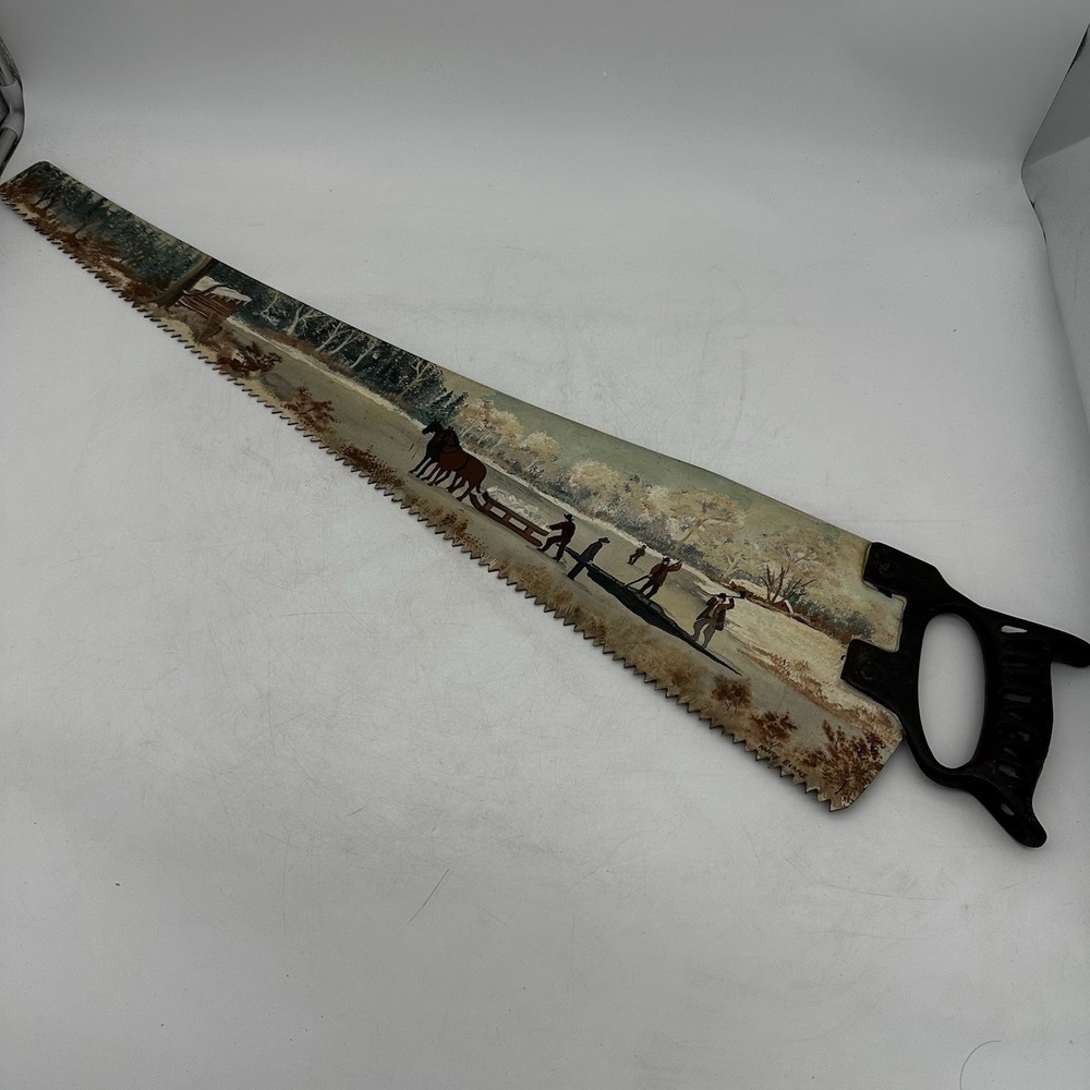 Antique Hand Saw Metal Hand Painted Cross Cut Saw Folk Art Painting Signed 33"